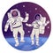 Astronauts in outer space flat concept icon. Cosmonaut in spacesuit floating in cosmos sticker, clipart. Interstellar