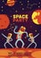 Astronauts party vector cosmonaut spaceman character dancing in space cosmos backdrop universe galaxy planets stars moon