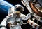 astronauts performing spacewalk in deep space, repair work on station in space, work in space, advanced technologies,