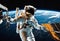 astronauts performing spacewalk in deep space, repair work on station in space, work in space, advanced technologies,