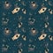 Astronauts, rocket with balloons on seamless starry background