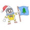Astronauts in space celebrating christmas carrying flags, doodle icon image kawaii