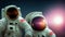 Astronauts in space suits flight in outer space, against the backdrop of the sun and twinkling stars. Generative, Generative AI,