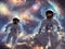 Astronauts spacemen floating in space with universe and planets in background