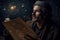 A astronomer gazing up at the night sky filled with stars, holding an antique cosmology chart or sand tray in hand. The movement
