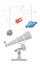 Astronomy concept. Telescope and hanging planets. Star learning