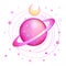 Astronomy: Pink Saturn planet. Hand-drawn colorful art. Kawaii s