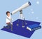 Astronomy science, male character watching on moon and stars at telescope, studying space, galaxy