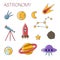 Astronomy simple flat icon set. Set of Flat Line Stroke Vector Astronomy and Space Icons. Moon, rocket, satellite, Earth