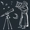 Astronomy sketch vector illustration of ancient astronom using sextant. Stars, moon and telescope, astronomical set of