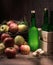 Asturian cider and apples on black background.