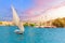 Aswan city in Egypt, beautiful scenery of the Nile river with Sailboats