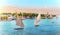 Aswan, Nile River scenery with famous sailboats, Egypta