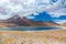 Atacama Altiplana desert, Laguna Miscanti salt lake and mountains landscape, Miniques in Chile, South America