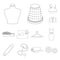 Atelier and sewing outline icons in set collection for design. Equipment and tools for sewing vector symbol stock web