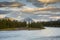 Athabasca River at Sunset with Rocky Mountains in Background