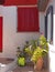 Athens Greece, narrow alley with red shutters window and plants in anafiotika picturesque neighborhood