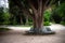 Athens, Greece, national garden paths  and metal circular bench around tree trunk in urban park