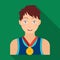 Athlete awarded a gold medal. Sport and reward single icon in flat style vector symbol stock illustration web.