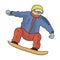 The athlete with the blue jacket and red pants on a snowboard.Snowboarder at the Olympics.Olympic sports single icon