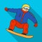 The athlete with the blue jacket and red pants on a snowboard.Snowboarder at the Olympics.Olympic sports single icon in