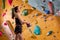 Athlete Caucasian Sportswoman Climber Is Going To Climb Artificial Rock Wall