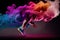 an athlete crossing the finish line with magical colorful smoke rising from their shoes