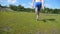 Athlete are crouching at starting line before a race and begin run. Young man at the sprint start. Slow motion Rear back