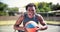 Athlete, face and screaming with basketball for sport and exercise or training with team in outdoor. Black man, portrait