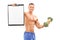 Athlete holding clipboard and a broccoli dumbbell