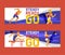 Athlete man set of banners vector illustration. Gymnastics training. Exercising male in different poses. Man figures are