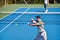 Athlete, man and tennis on court with workout, competition and performance outdoor with fitness and energy. Sport