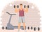 Athlete, powerlifter is lifting dumbbells against background of treadmill. Workout, daily exercises