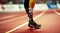 Athlete with prosthetic legs is engaged in rehabilitation at the stadium - Generative AI