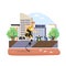 Athlete with prosthetic legs running marathon, flat vector illustration.