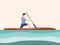 Athlete of rowing in sports canoe with paddle on plain background. Male cartoon character competes in rowing competitions. Sports