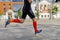 athlete runner in compression socks running city marathon race