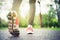 Athlete runner feet running on the road closeup on shoe. Jogger