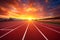 Athlete's empty running track, runway . Sunset or sunrise view. Generative Ai