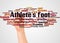Athlete`s foot word cloud and hand with marker concept
