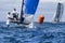 Athlete sailing on Formula 18 national catamaran race