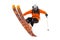 The athlete skier in the orange black suit does the trick on the back of the skis. real photo made in the mountains