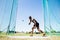 Athlete throwing discus in stadium