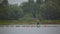 Athlete wakeboarder goes on the pontoon