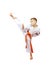 Athlete on a white background in a kimono performs a high blow foot