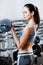 Athlete woman with dumbbells