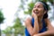 Athlete woman feeling very happy listen to the music after exercise
