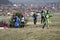 Athletes compete during a spring ski touring and trail running