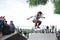 Athletes have a friendly skateboard competition in Gomel. Fragment of a skateboarder, who makes jump