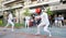 Athletes perform fencing